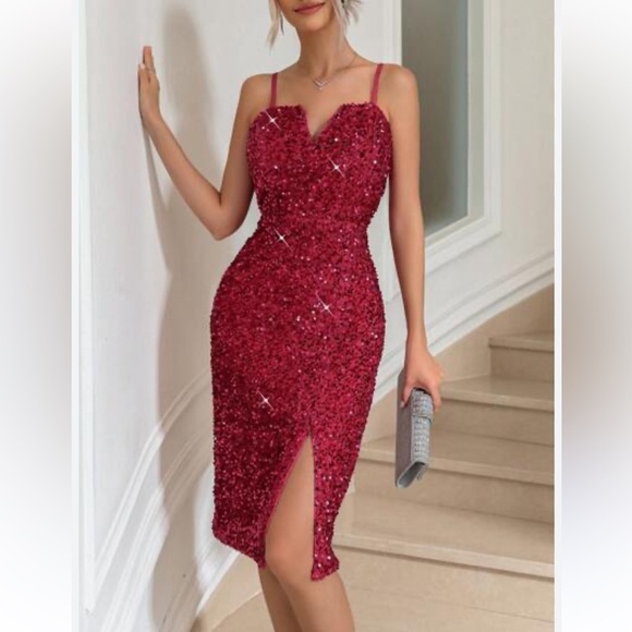 SHEIN Dresses & Skirts - Women’s Red Sequin Thigh Slit Sleeveless Spaghetti Strap Cocktail Party Dress XL